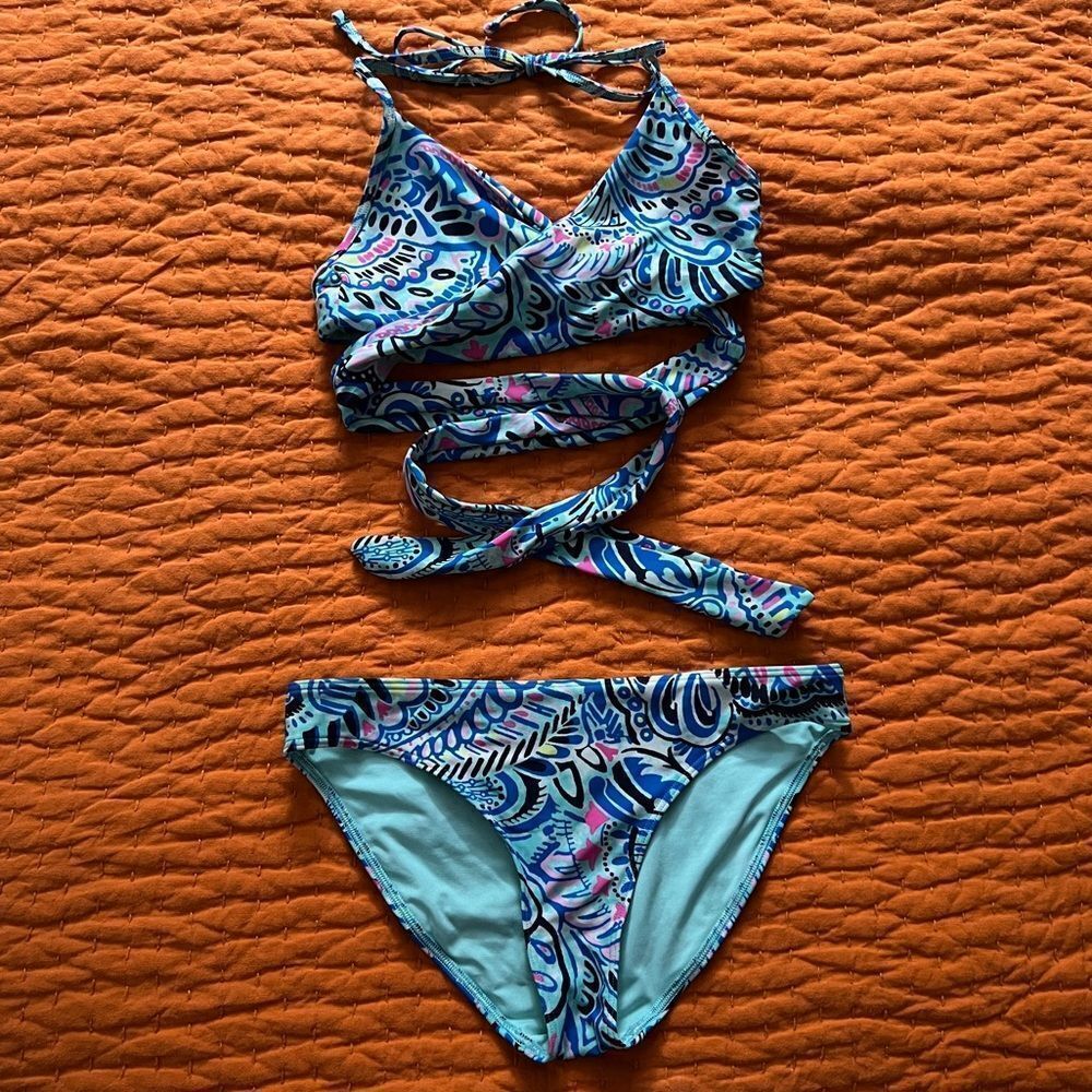 Aerie swimsuit 2 piece wrap front bikini blue‎ floral print swimwear beach small